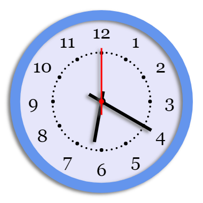In this example, we select a wall clock's style with a wide bezel and display the morning time "6:20:00" on it. This style uses black dots for marking hours and minutes and the markings are placed near the center of the clock. We further customize the clock to use the lavender color for the clock face, the cornflower-blue color for the bezel, and the black color for the text on the clock.
