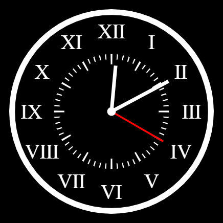 In this example, we draw a round clock with inverted colors. It has white hands, white hour values, and white markings on a black background. We use a clock skin with internal markings that use short lines for minutes and long lines for hours. We also switch the hour values style to use Roman numerals and set them to be 40 pixels in size.