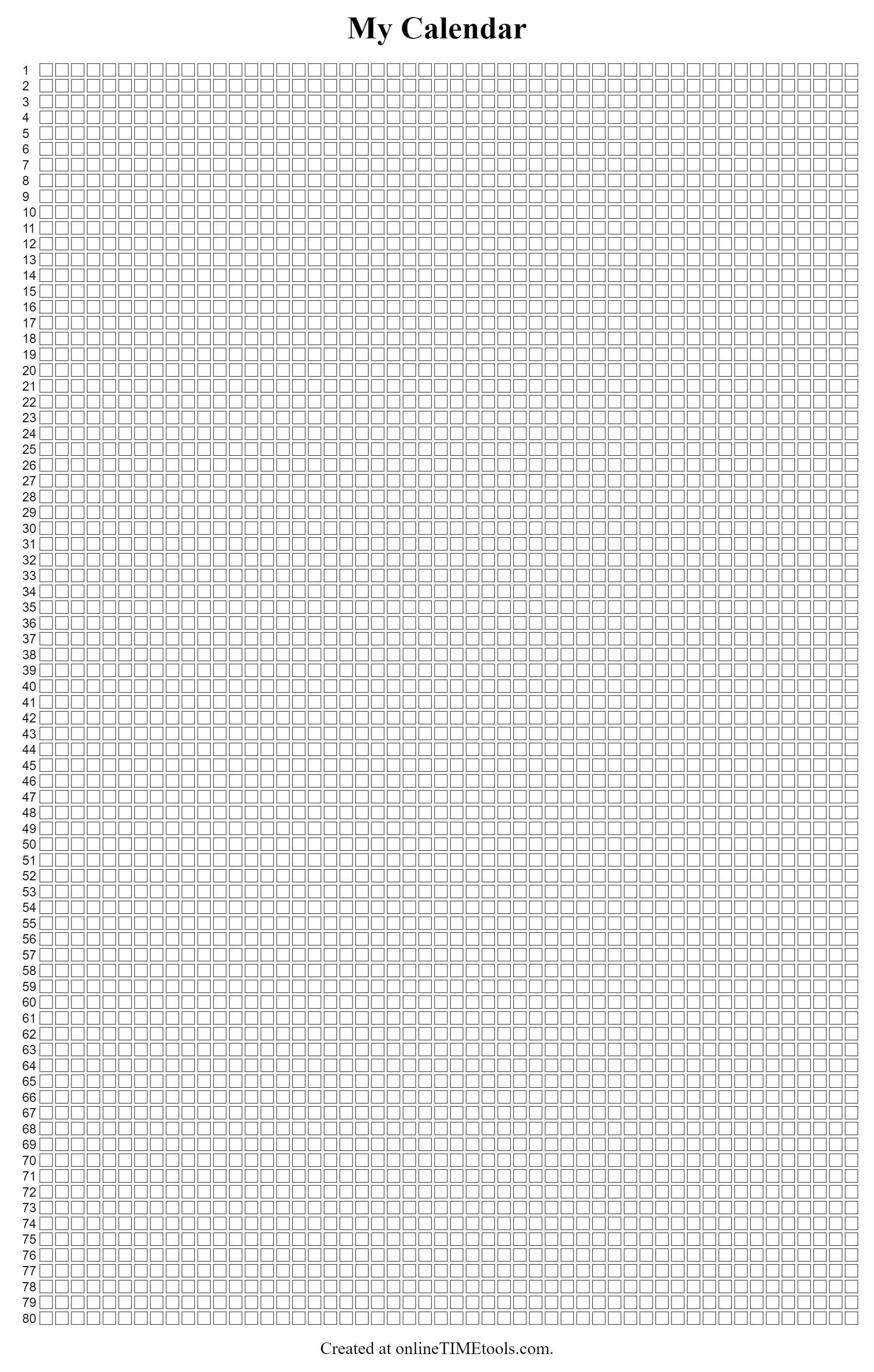 In this example, we create an empty Memento Mori Life calendar. The calendar is designed for 80 years and contains 52 weeks of the year on each line. The calendar uses the black color for cells and text and the background is white. It also has a title and a vertical age scale. You can download this calendar, print it as a PDF, and fill the cells every week.
