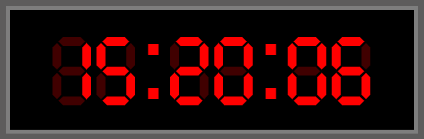 This example creates a retro style digital clock with an LCD screen. It displays the timer value "15:20:06" using a seven-bar LCD matrix for each digit. It highlights certain bars of the matrix to display specific digits. As a side effect, the bars that aren't highlighted are still faintly illuminated (just like in real retro digital clock). We use the classic LCD font and set the clock's size to 400 pixels. We also add a 4px light gray border around the clock and draw a gray background that surrounds the clock 12 pixels from each side. The clock's face uses a black color and the LCD digits use a red color.
