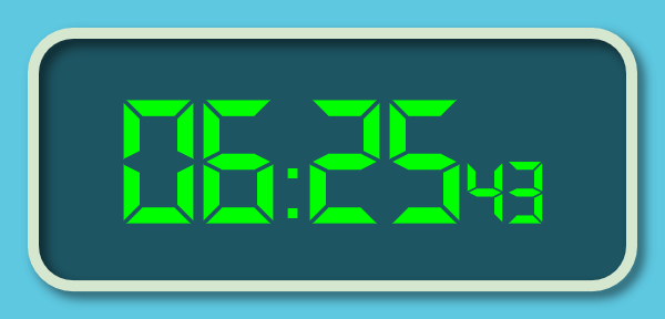 In this example, we draw an electronic clock with rounded bezels. The clock uses the trapezoid LCD digit font and the lime color for the digits on the display. We make the clock show early morning time of 6:25:43 and customize the colon separator that goes between hours and minutes and make it half the digit size. Additionally, we make the seconds indicator use a smaller font than hours and minutes. We use bright colors for the clock and background and also add a black translucent shadow around the clock with a 6px offset for the x and y coordinates, and a blur of 10px.