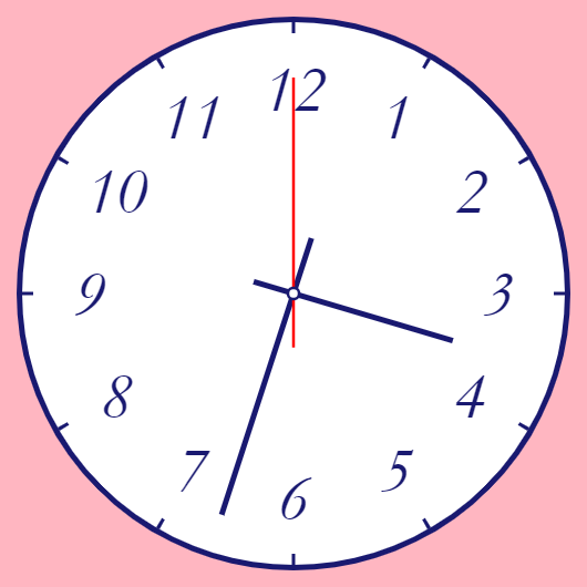 This example shows the afternoon time on a clock with very thin element. It has a very thin bezel colored in midnight-blue color and is equipped only with the hours markers. It prints hours as italic English numbers that are 60px in size and the number font is Garamond.